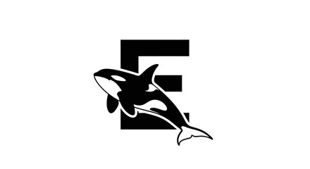 Stylized black and white logo featuring an orca and the letter E in a minimalist design