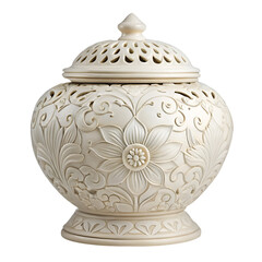 Ornate Carved Ivory Ceramic Jar with Perforated Lid and Floral Design graphic