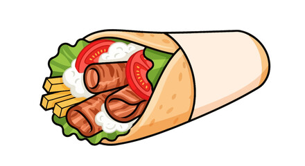 Delicious cartoon style doner kebab wrap with meat vegetables and creamy sauce food item