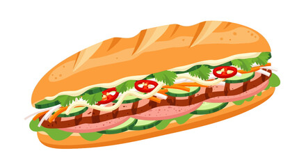 Delicious bánh mì sandwich illustration with fresh ingredients and vibrant colors