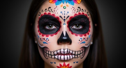 Woman with sugar skull face paint for day of the dead celebration.