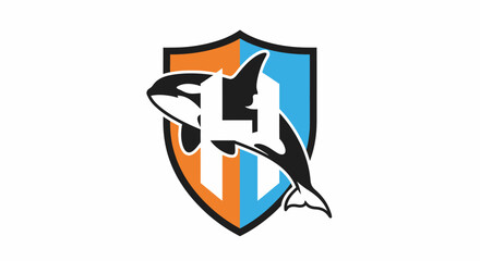 Killer whale emblem on shield featuring a two-toned background and clean modern design perfect for