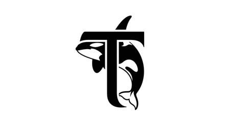 Stylized orca lettermark design showcasing a sleek killer whale forming the letter T