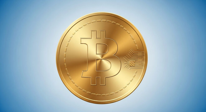 A shiny golden bitcoin coin on a blue gradient background, symbolizing digital currency and the future of finance and investment
