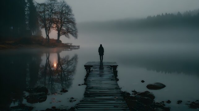 Person standing at the end of a wooden pier on a tranquil lake shrouded in dense fog, creating a mysterious and atmospheric scene with the reflection of the setting sun and the bare trees in the... - Powered by Adobe