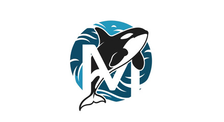 Dynamic orca logo with stylized ocean waves and a bold letter M creates a modern aquatic design