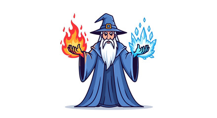 Cartoon Wizard Master of Fire and Ice, Symbolizing Power and Mystical Energy, illustration