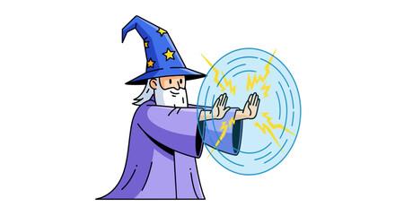 Enchanting wizard casting a powerful spell illustration with blue hat stars and robe