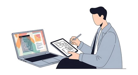 Man using a tablet and laptop for creative work isolated on white background