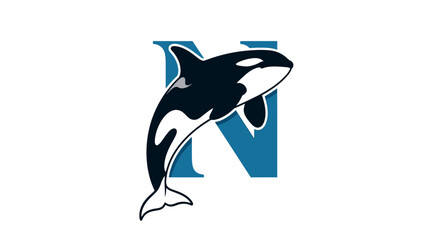 Elegant orca illustration with blue initial N backdrop for logo or branding applications
