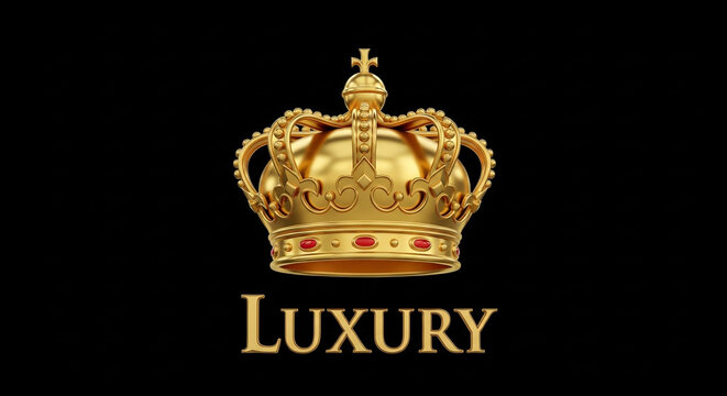 A golden crown with the word luxury isolated on black background, symbolizing wealth, power, and exclusivity in a minimalist design