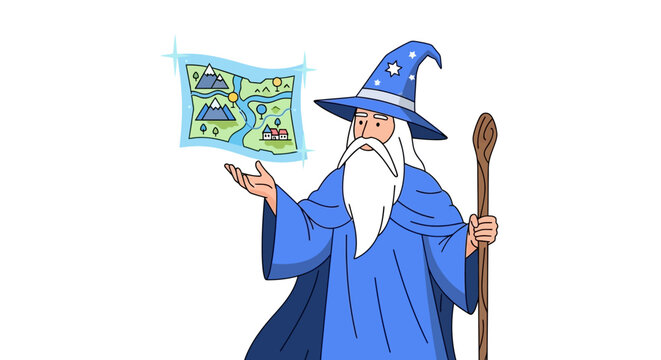 Cartoon wizard casting spell with map illustration and holding a wooden staff creating a magical