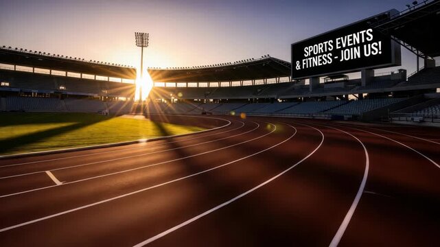 empty athletics stadium track at sunset Sunlight bathes the field casting long shadows from the floodlights A scoreboard displays SPORTS EVENTS & FITNESS - JOIN US! Empty tiered seating surrounds the