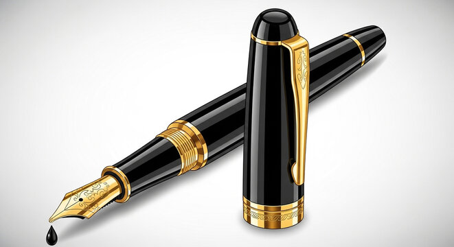 A luxurious fountain pen with a golden nib and black ink, elegantly displayed with its cap, isolated on white background for a sophisticated writing experience