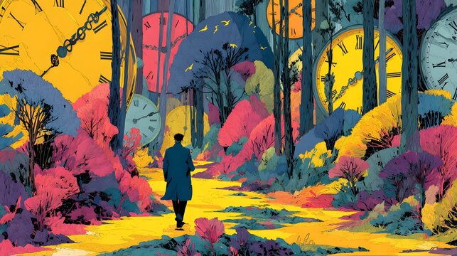 A solitary figure strolls through a surreal forest path with large, colorful clocks adorning the surroundings, the bright landscape is filled with vibrant hues like pink, yellow, blue, and green,... - Powered by Adobe