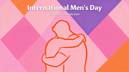 The embrace silhouette on a colorful geometric background represents International Men's Day, care and compassion, and is suitable for promoting male festivals.
