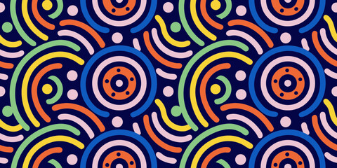 Vibrant abstract seamless pattern with colorful curved lines and circles on a dark blue background