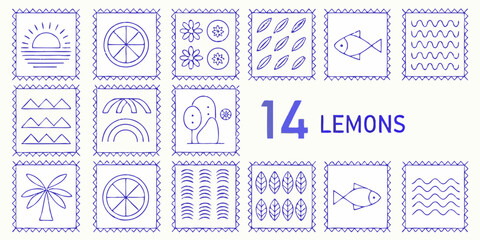 Collection of 14 hand drawn blue line art icons and illustrations on white background with text