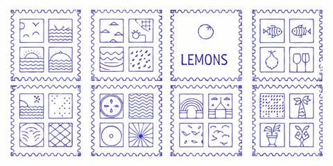 Collection of hand drawn blue ink stamps featuring various icons and the word lemons