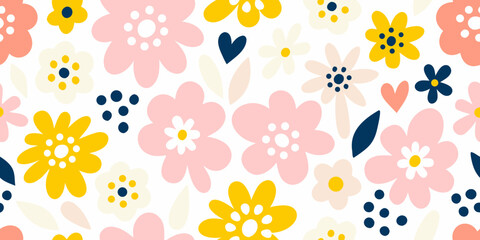 Whimsical hand drawn floral pattern with hearts and dots in pastel colors