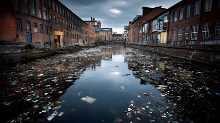 Urban waterway heavily polluted with trash and debris reflecting the surrounding red brick buildings, under a moody overcast sky.
