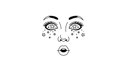 Whimsical face illustration with star-filled eyes and a dreamy expression perfect for prints