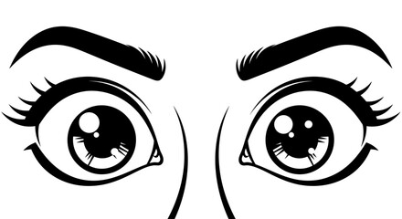 Expressive anime eyes with thick eyelashes and bold eyebrows in black and white style