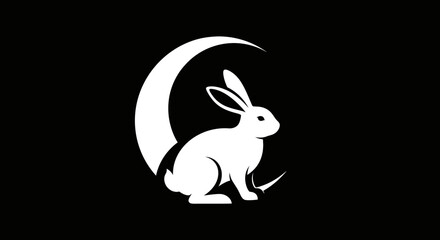 Elegant white rabbit silhouette against crescent moon on black background design