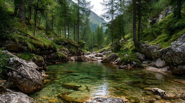 Crystal clear water flows through a rocky riverbed in a lush green forest, surrounded by large boulders, trees, and dense foliage, creating a serene and natural landscape.