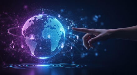 Hand touches a glowing globe with digital elements in a dark environment.