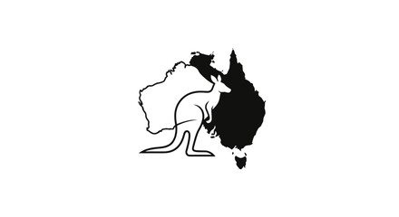 Stylized black and white illustration featuring a kangaroo and the map of Australia
