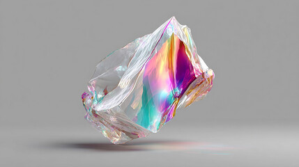 Abstract iridescent 3D shape with vibrant color shifts and reflective surfaces, symbolizing modern digital art, creativity, futuristic design, and dynamic visual aesthetics