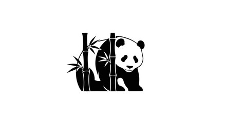 Silhouette of a panda bear nestled among bamboo stalks in a minimalist design