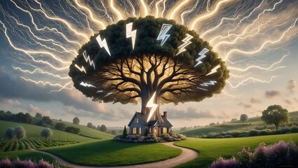 Fototapeta premium Tree with lightning strikes on a house in a green field landscape.