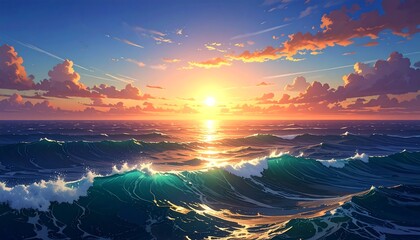 Beautiful sunset over the ocean, waves, sky, clouds, artistic, colorful, nature