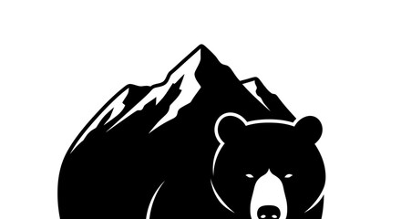 Monochrome design featuring a bear silhouette overlaid with mountain peaks  creating an emblem