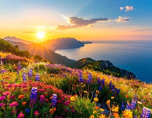 Sunset over Colorful Mountain Wildflowers by the Sea