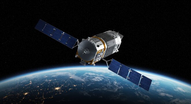 Satellite with solar panels orbiting earth in space against a dark background. - Powered by Adobe