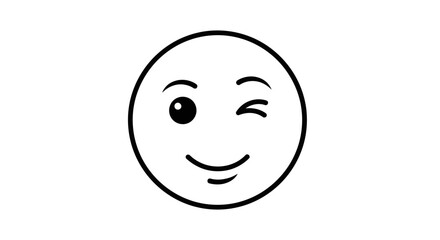 Black and white winking emoji illustration showing a friendly and playful expression isolated on a