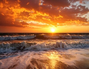Fiery golden sunset over ocean waves cresting on sandy beach