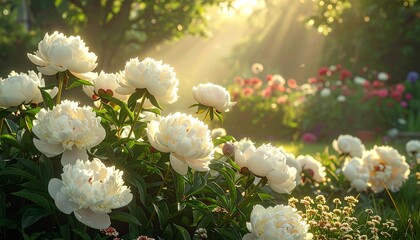 Beautiful white peonies blooming in a sunlit garden, a summer day