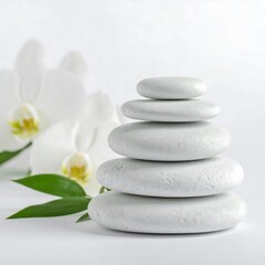 Fototapeta premium Stacked white stones with orchids