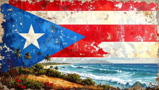 Puerto Rican flag with tropical beach scene, distressed effect