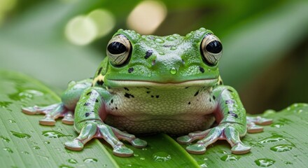 Green amphibian with large eyes and dark spots sits on a wet, leafy surface