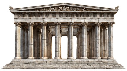 Obraz premium Imposing neoclassical structure featuring intricately carved columns, decorative friezes, and a detailed roof, standing majestically against a plain white background, showcasing a classic...