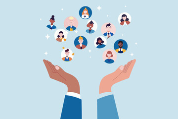 Diverse group of people icons floating above cupped hands symbolizing care and support
