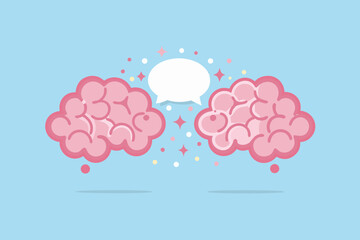 Two stylized pink brains communicating with a speech bubble and sparkling stars against a light blue background