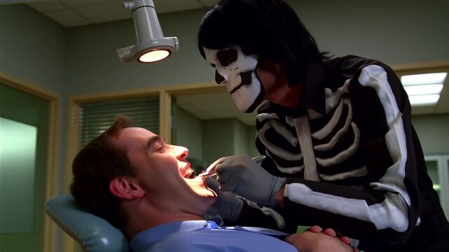 A dentist wearing a skeleton costume professionally examining a smiling patient, humorous halloween concept for clinic marketing