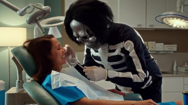 A dentist wearing a skeleton costume professionally examining a smiling patient, humorous halloween concept for clinic marketing - Powered by Adobe