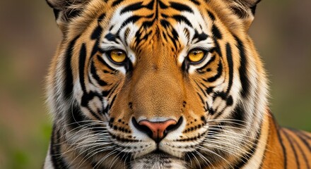 Naklejka premium Intense close-up of a tiger's face, its piercing golden eyes gaze forward, detailed fur texture